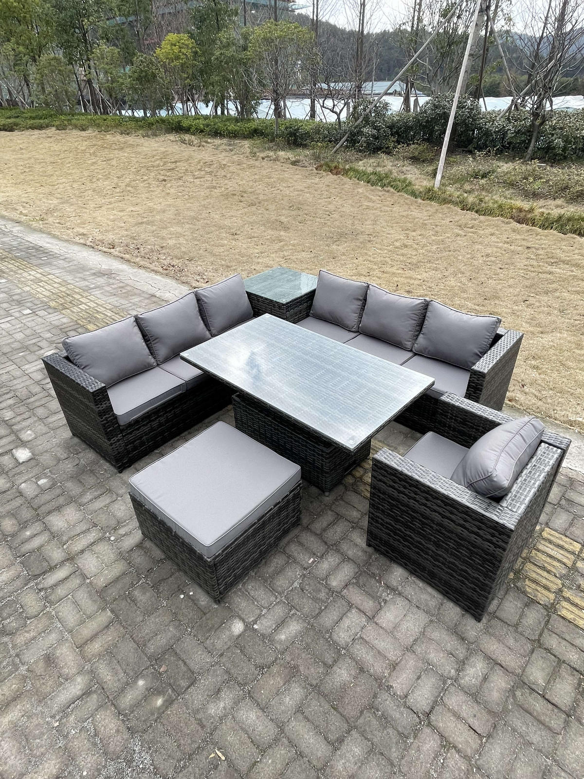 LOUNGESOFA Polyrattan 8-Sitzer - Dunkelgrau/Grau, Glas/Kunststoff - Fimous