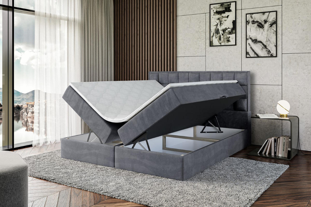 BOXBETT mit H4-Matratze und Lattenrost- ZAFIRA-BZ - 160x200 - Dunkelgrau Samt - Dunkelgrau, Holzwerkstoff (160/200cm) - ALTDECOR
