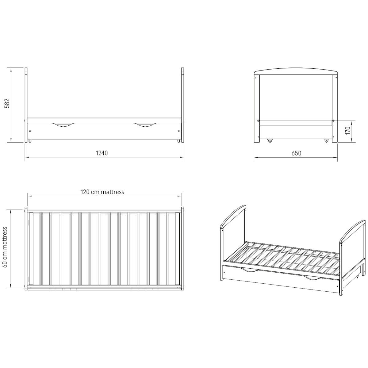 BABYBETT 2-IN-1 mit Schublade mit Matratze 60/120 cm Weiß - Weiß, Holz (60/120cm) - Lettino