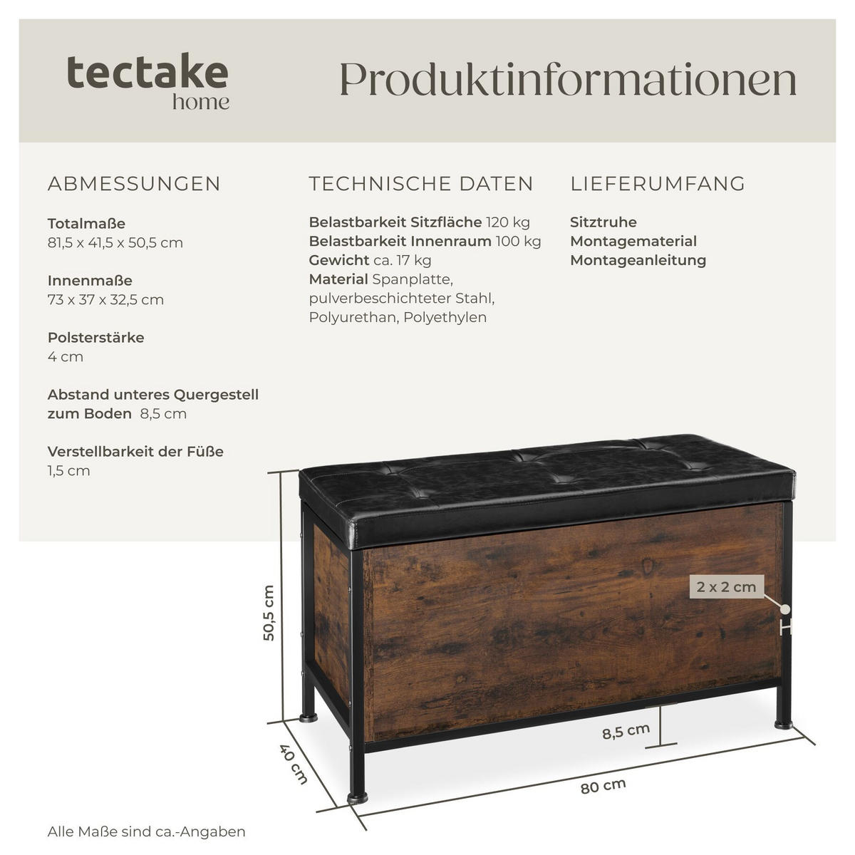 SITZTRUHE Calico, Kunstlederbezug, Industrial Holz dunkel, rustikal - Rostfarben, Holzwerkstoff (41.5/50.5/81.5cm) - tectake