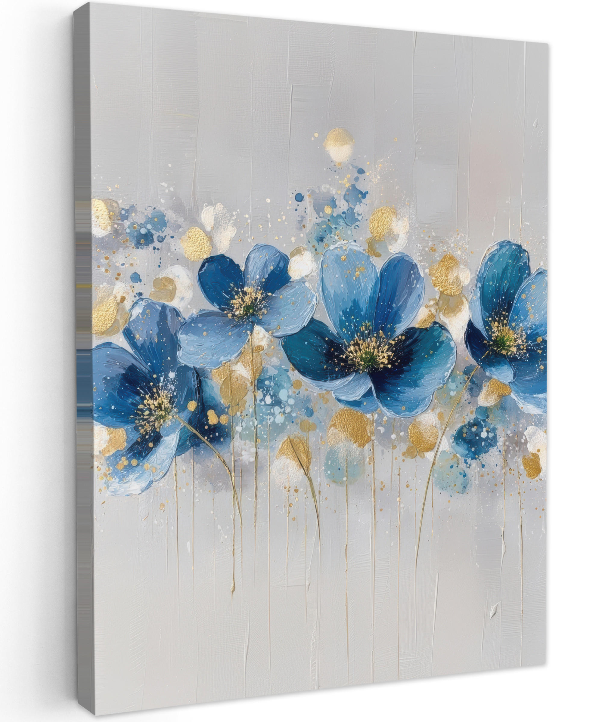 LEINWANDBILD Blumen - Blau - Abstrakt Wandbild Wohnzimmer 60x80 cm - Hellgrau, Textil (60/80cm) - MuchoWow