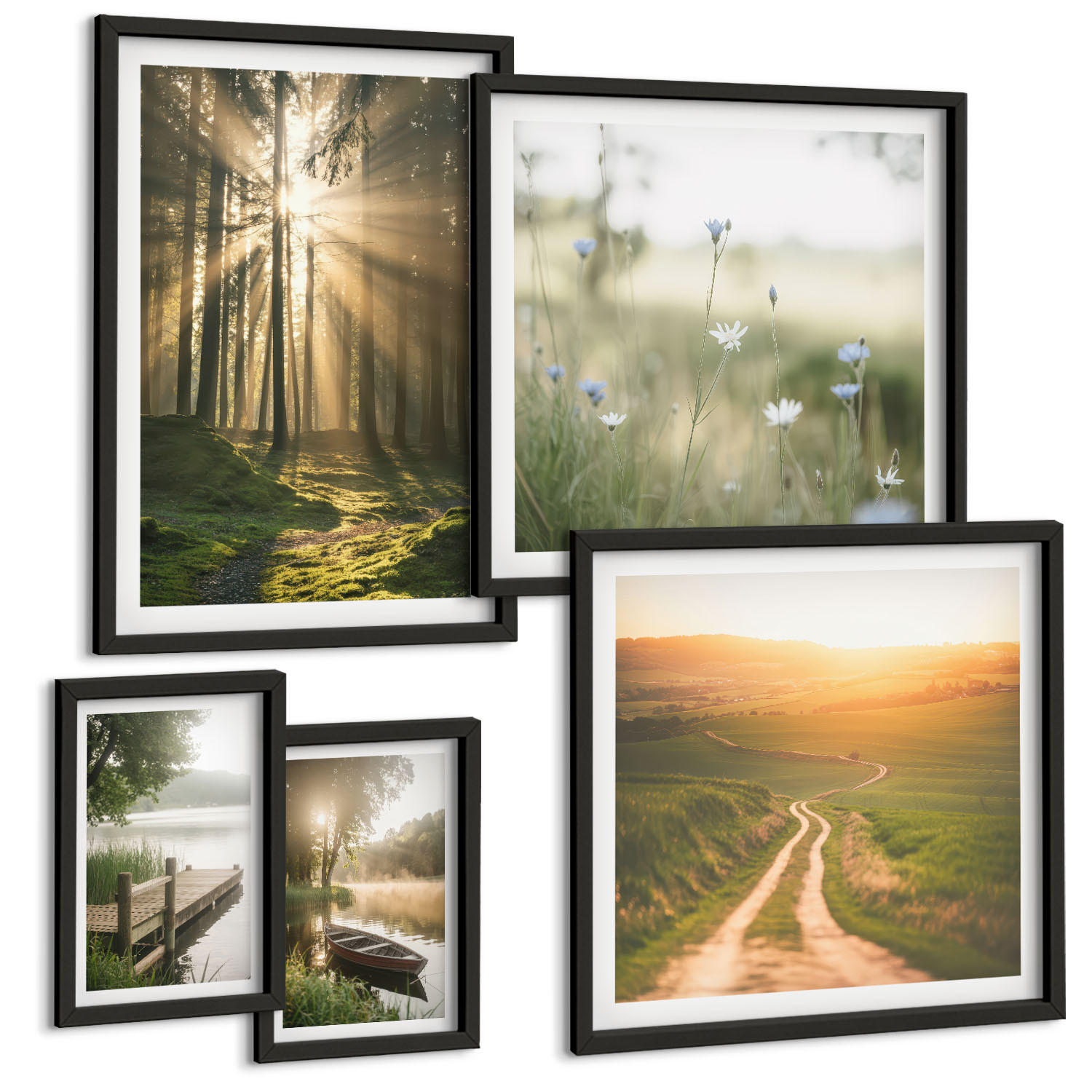BILDER SET 5er Set - 50x50 cm & 20x30 cm & 40x60 cm Schwarzer Rahmen - Gemalte Zitruslandschaften - Schwarz, Kunststoff (40/60cm) - TULUP