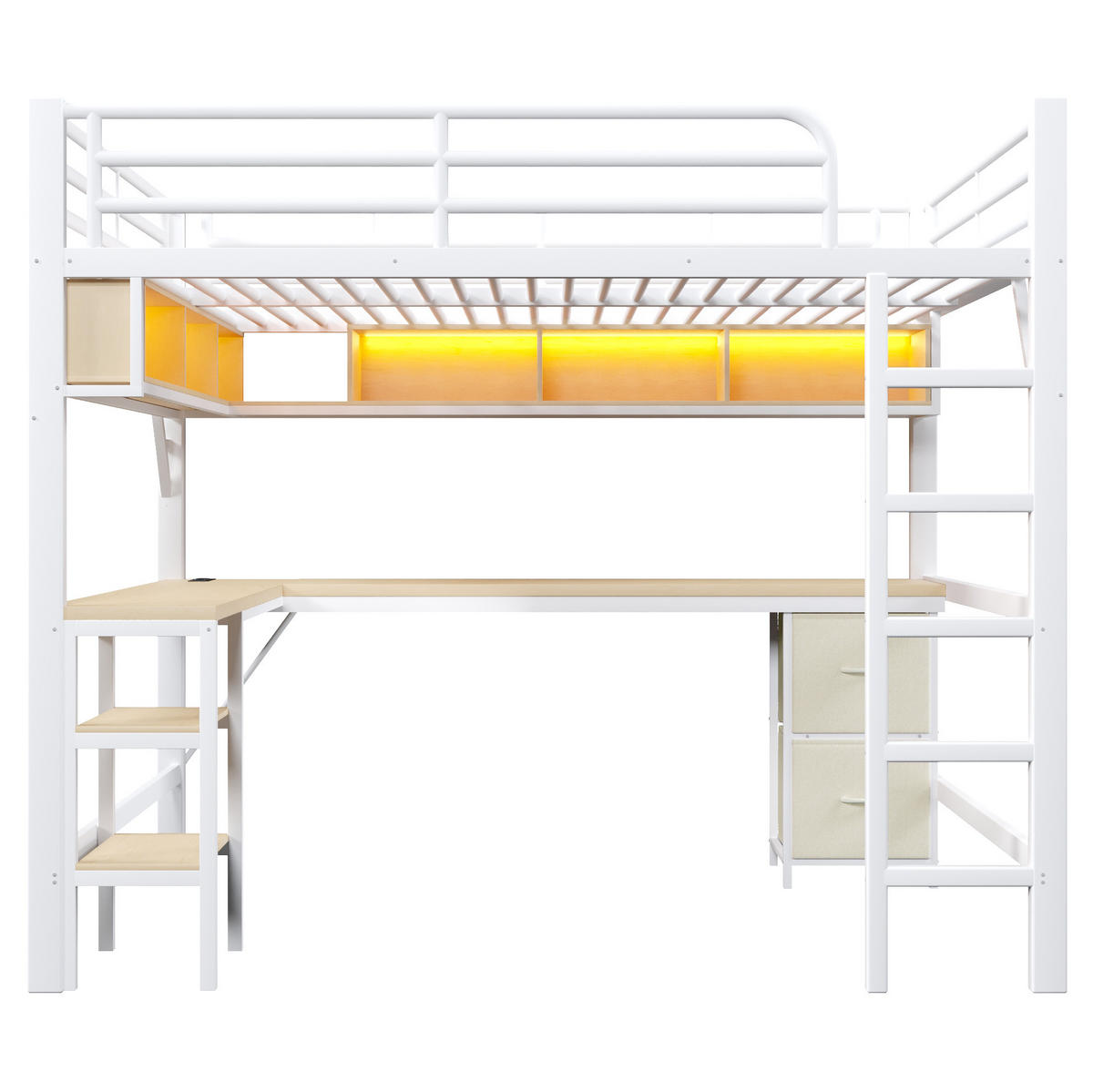 HOCHBETT 140/200 cm in Weiß mit Schreibtisch, Regalen und LED-Beleuchtung - Weiß, Holzwerkstoff (140/200cm) - Flora Grace