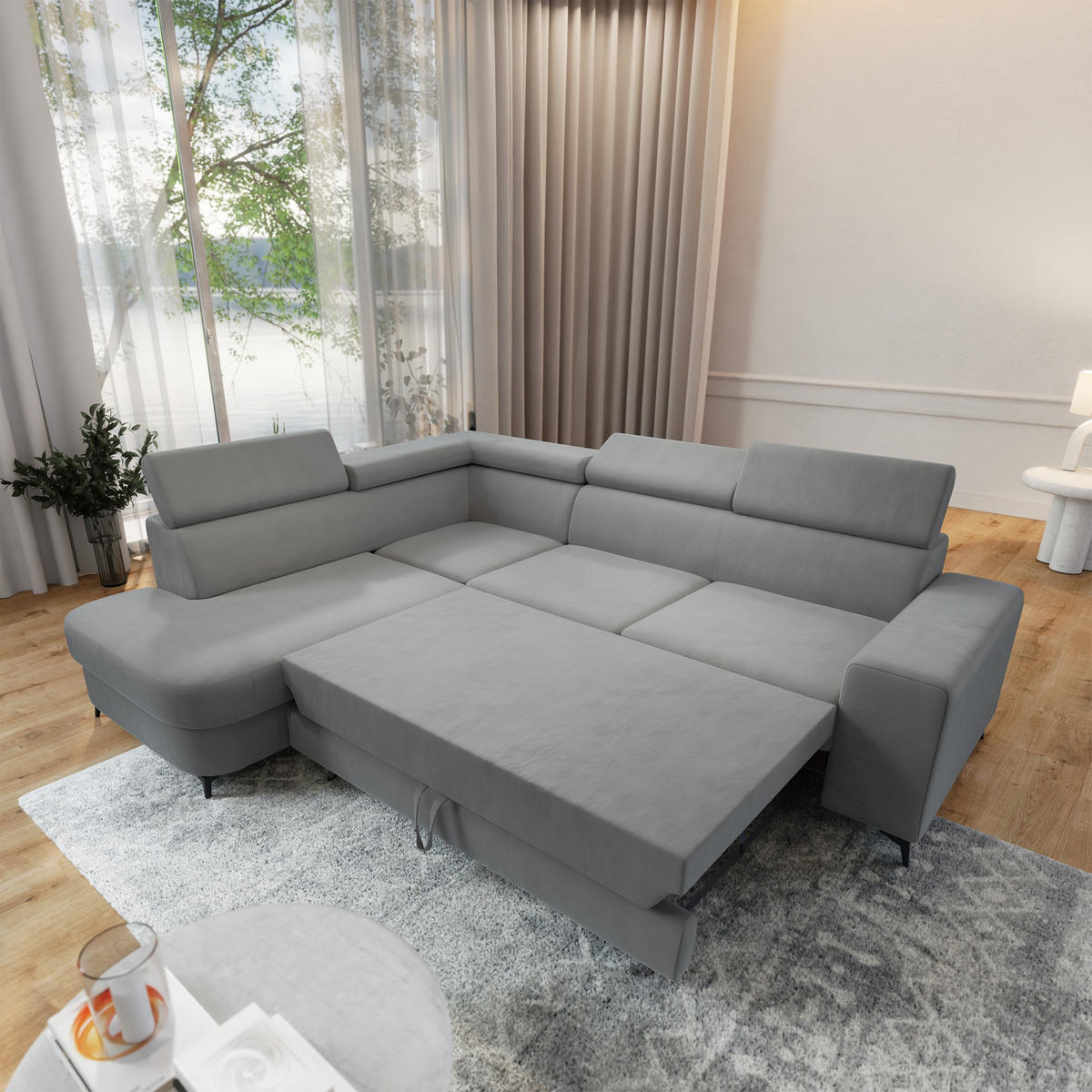 ECKSOFA ALVORO L-S Hellgrau Velours-Stoff mit Schlaffunktion - Hellgrau, Holz (253/190cm) - MASSENO