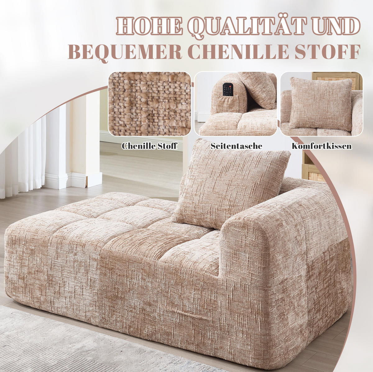 CHAISELONGUE Sofa Chenille mit Seitentaschen und Kissen 158/90/60 cm Sandfarben - Sandfarben, Textil (60/158/90cm) - Redom