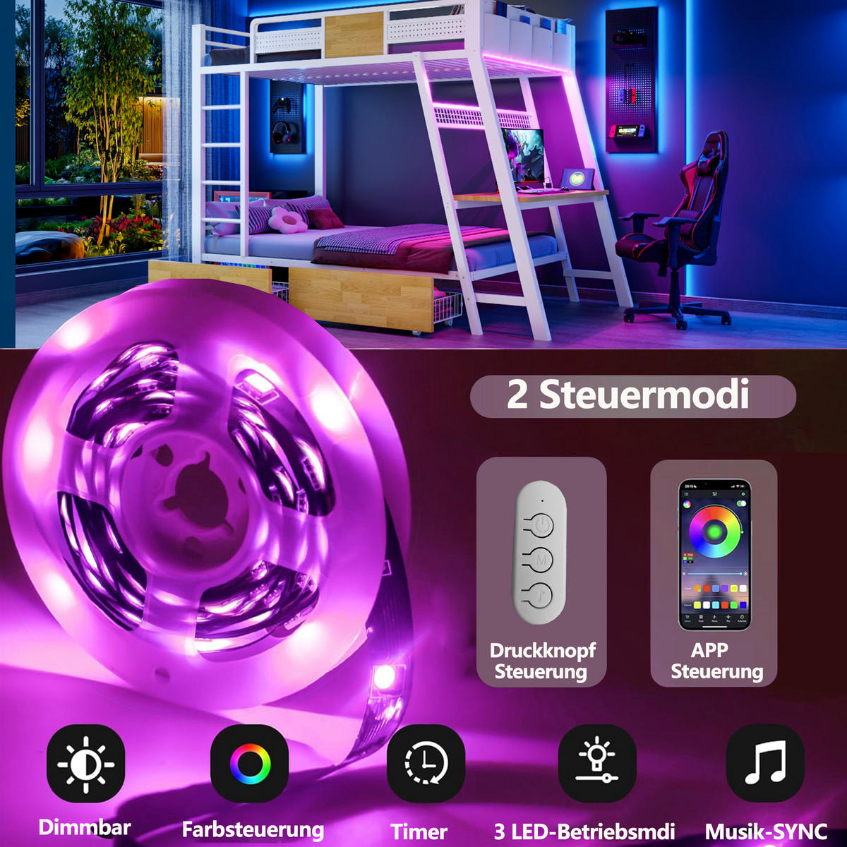 ETAGENBETT 90x200cm Metall Schreibtisch LED USB Weiß - Weiß, Metall (90/200cm) - FLIEKS