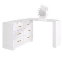 SCHMINKTISCH Drehbar L-Form Weiß Gold LED-Spiegel 6 Schubladen - Weiß, Holzwerkstoff (110/129/40cm) - Urban Meuble