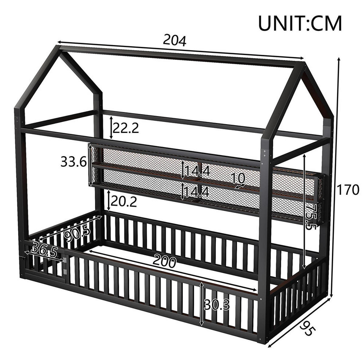 HAUSBETT 90x200 cm mit Zaun und LED-Beleuchtung, Schwarz - Schwarz, Metall (90/200cm) - KOMHTOM