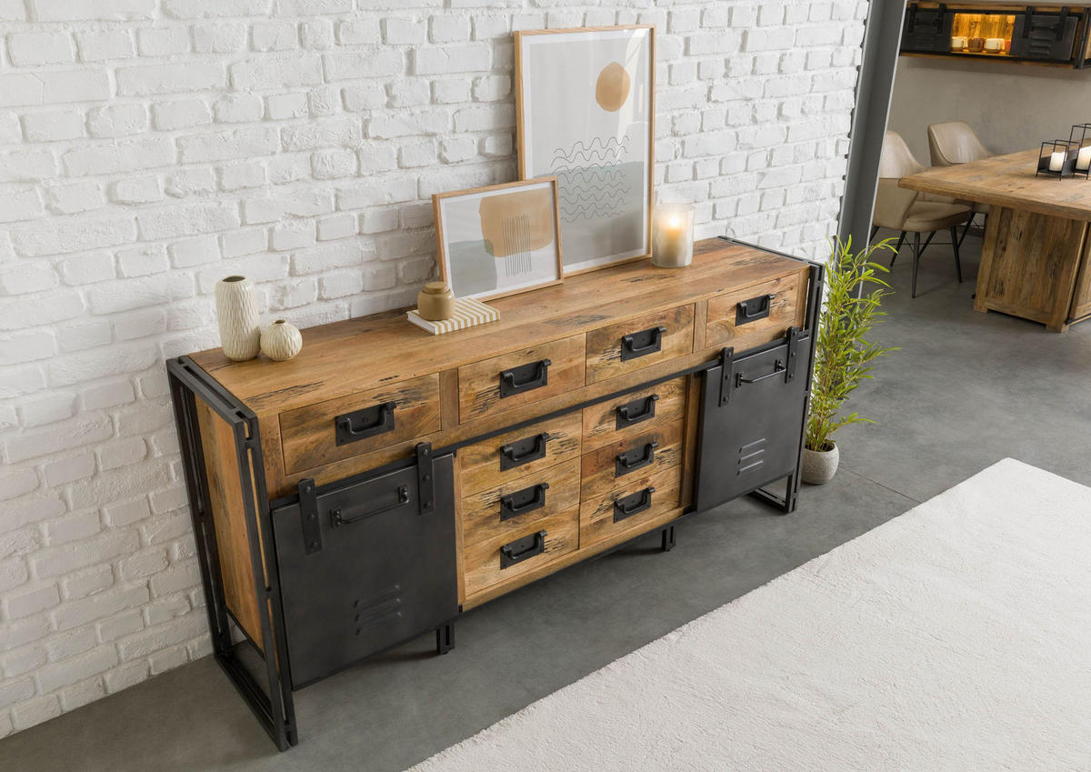 SIDEBOARD Mango 195x45x90 natur lackiert / Metall grau BLACKBURN #309 - Braun, Holz (195/90/45cm) - Massivmoebel24