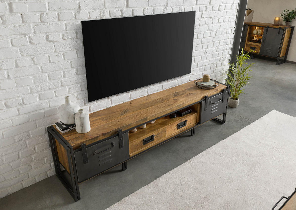 TV-BOARD Mango / Altholz 220x45x55 natur / grau lackiert / Metall grau BLACKBURN LUX #412 - Naturfarben, Holz (220/55/45cm) - Massivmoebel24