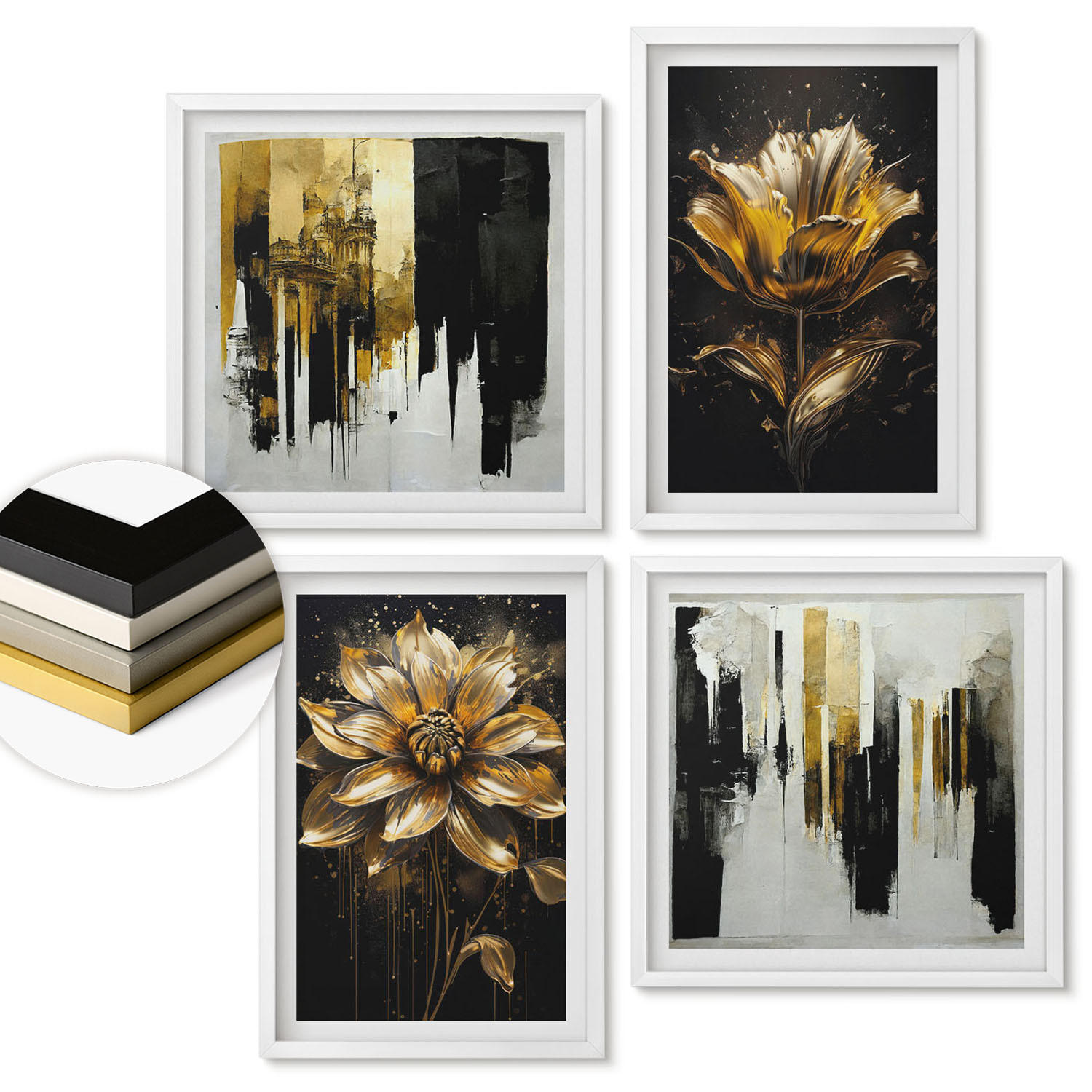 WANDBILDER 4er-Set - 50x50 cm & 40x60 cm Weißer Rahmen - Stilvolle moderne Blumen - Weiß, Kunststoff (50/50cm) - ArtPrintCave