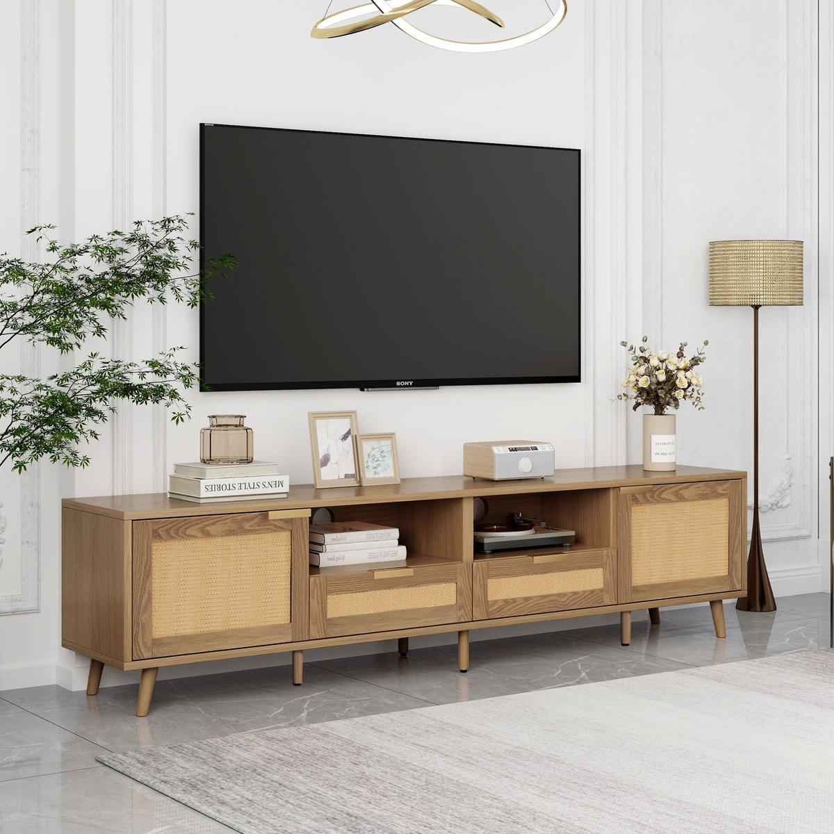 TV-SCHRANK in Eiche mit Rattan-Details, 2 Türen und 2 Schubladen 200/37/49 cm - Eichefarben, Holzwerkstoff (200/49/37cm) - Redom