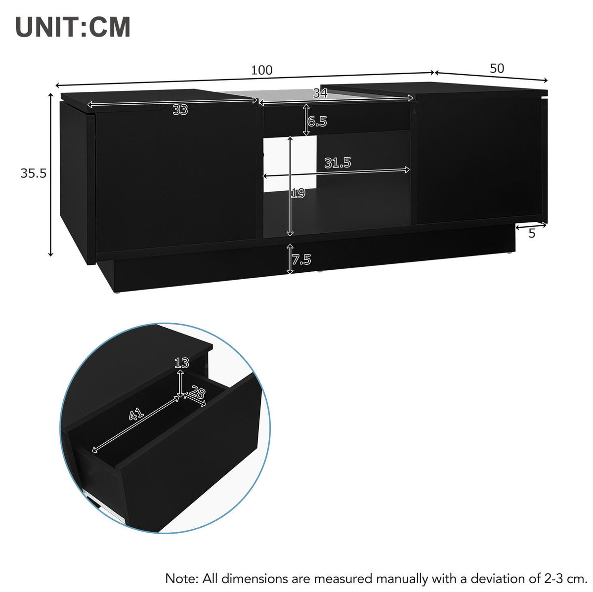 COUCHTISCH 100/50/35,5 cm aus Spanplatte mit LED-Beleuchtung, App-Steuerung, 2 Schubladen und Glasplatte, Schwarz - Schwarz, Holzwerkstoff (100/50/35.5cm) - Redom