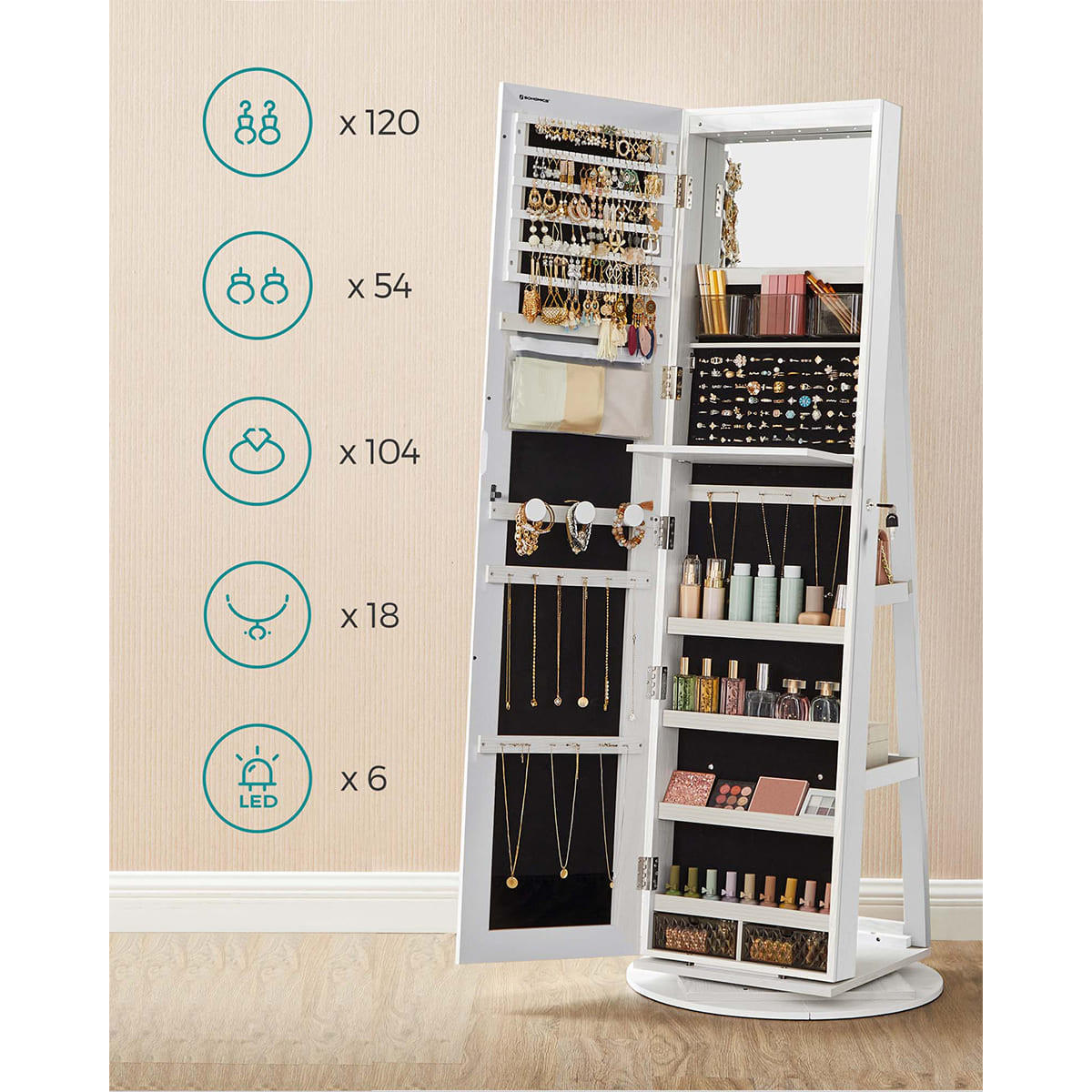 SCHMUCKSCHRANK mit Spiegel - H162 cm - Weiß, Holzwerkstoff (55/162/167cm) - Calicosy