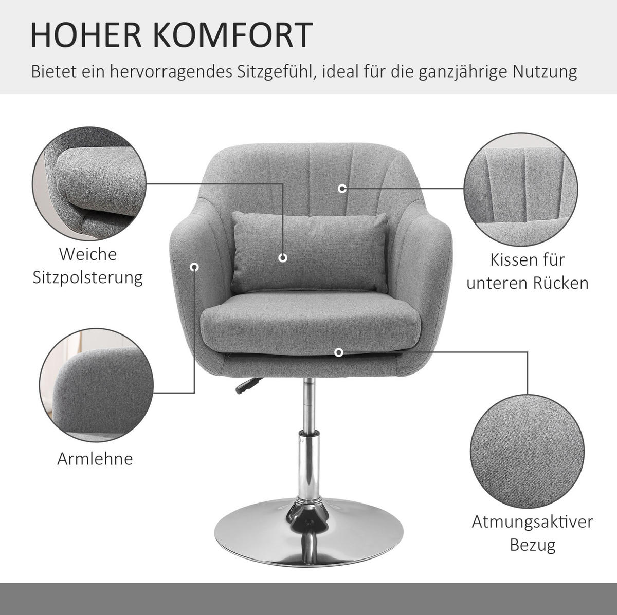 DREHSTUHL 60/60/79-91 cm in Grau, höhenverstellbar und 360° drehbar - Grau, Textil (60/91/60cm) - Flora Grace