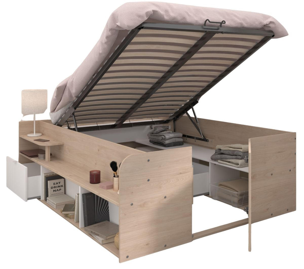 STAURAUMBETT Eiche Jackson, weiß, Hochbett Liegefläche 140 x 200 cm - Eichefarben/Weiß, Holzwerkstoff (140/200cm) - Parisot Meuble