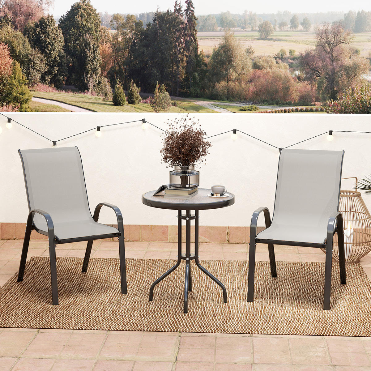 BALKONSET 3-teilig DE-14227 stapelbar, Glastisch Hellgrau - Hellgrau, Metall - ComfortXL
