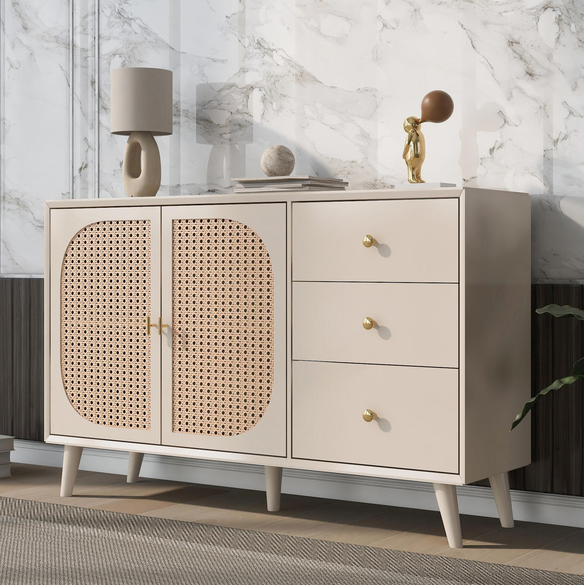 SIDEBOARD aus Spanplatte 120x40x82,5 cm Offwhite mit 2 Türen, 3 Schubladen und Push-to-open in Rattanoptik - Weiß, Holzwerkstoff (120/82.5/40cm) - Modfu