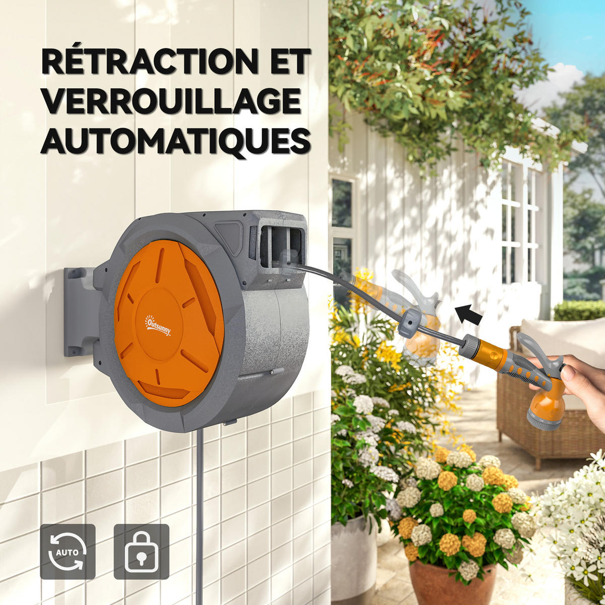 SCHLAUCHAUFROLLER DE-13819 30 m automatisch 180° schwenkbar Orange - Orange, Kunststoff (23/42/59cm) - ComfortXL