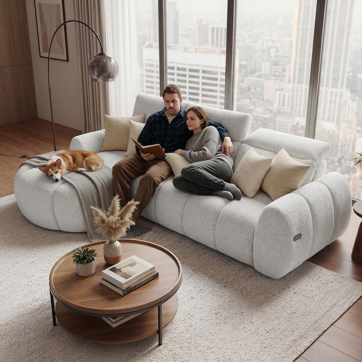 ECKSOFA Sorel Mini mit Automatisch verstellbarer Sitztiefe und Kopfstützen, links, Hellbeige - Beige, Textil (190/275cm) - Beautysofa