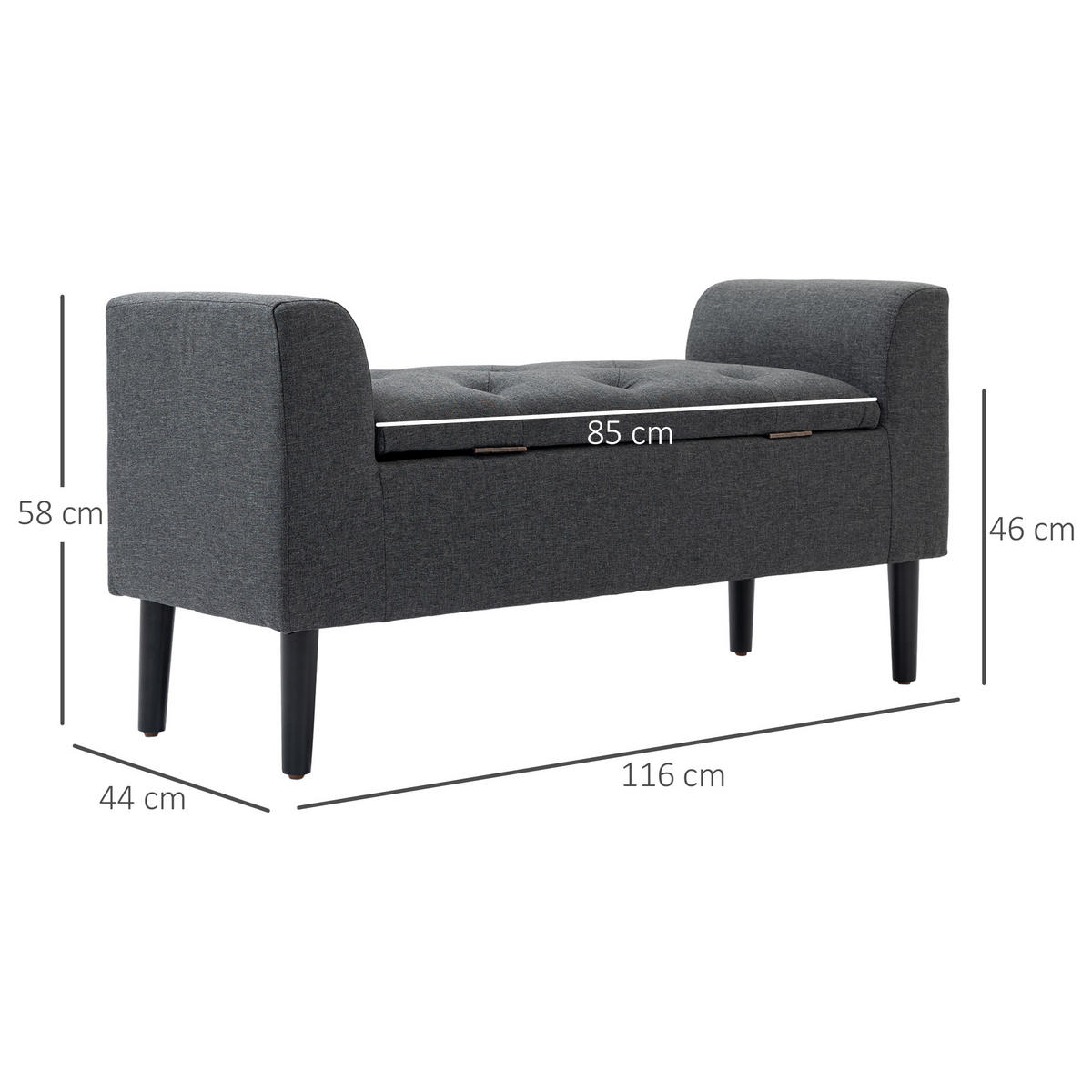 SITZBANK Polsterbank mit Stauraum belastbar bis 130 kg Leinen-Touch Dunkelgrau - Dunkelgrau, Kunststoff (44/58/116cm) - HOMCOM