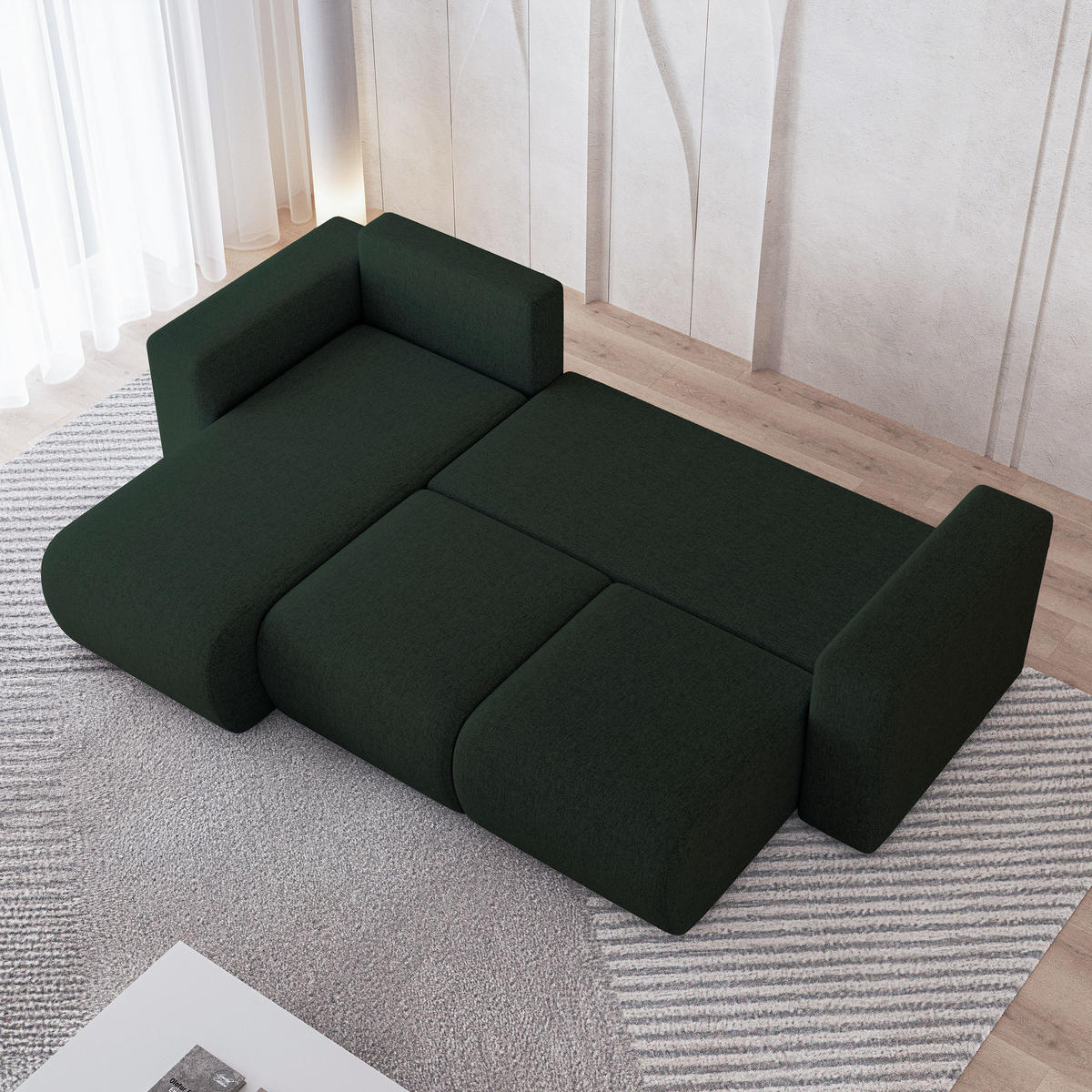 ECKSOFA RINOVA Grün Geflochtener Stoff mit Schlaffunktion - Grün, Holz (250/143cm) - MASSENO