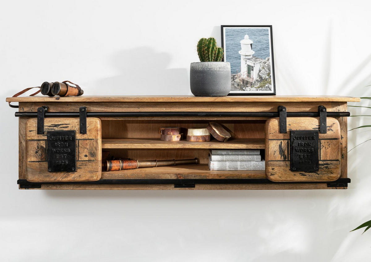 WANDREGAL Mango 130x25x35 natur lackiert RAILWAY #157 - Naturfarben, Holz (130/35/25cm) - Massivmoebel24