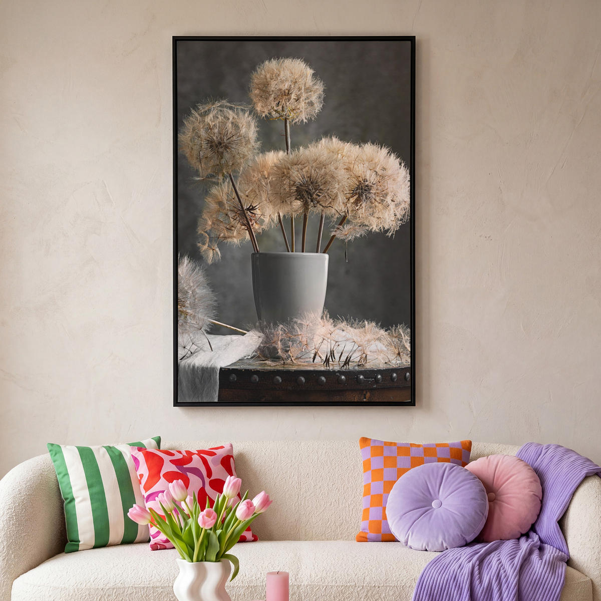 LEINWAND Bilder mit Rahmen - Blumensamen - Löwenzahn - Vase - Stilleben - Blumenstrauß - 100x150 - Dunkelgrau, Textil (100/150cm) - MuchoWow