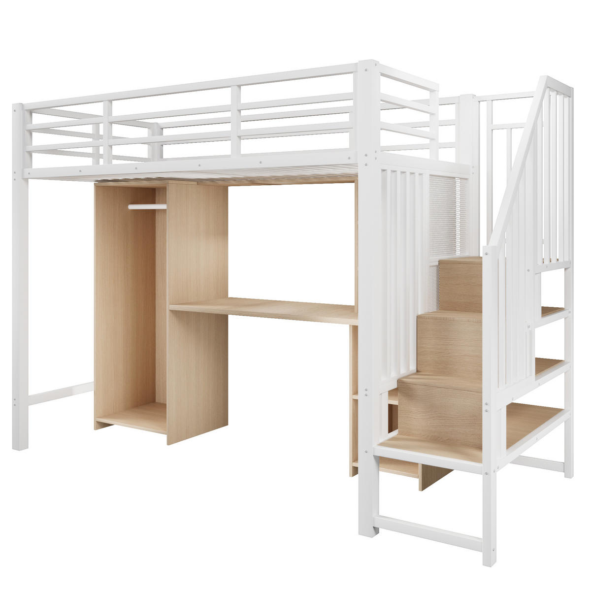 HOCHBETT 90/200 cm in Weiß mit Kleiderschrank, Schreibtisch und Stauraum - Weiß, Holzwerkstoff/Metall (90/200cm) - STILVORA