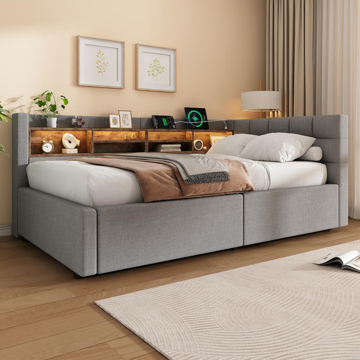 DENNÍ POSTEL 90x200cm Pohovka Úložná LED USB Šedá - šedá, přírodní materiály (90/200cm) - FLIEKS