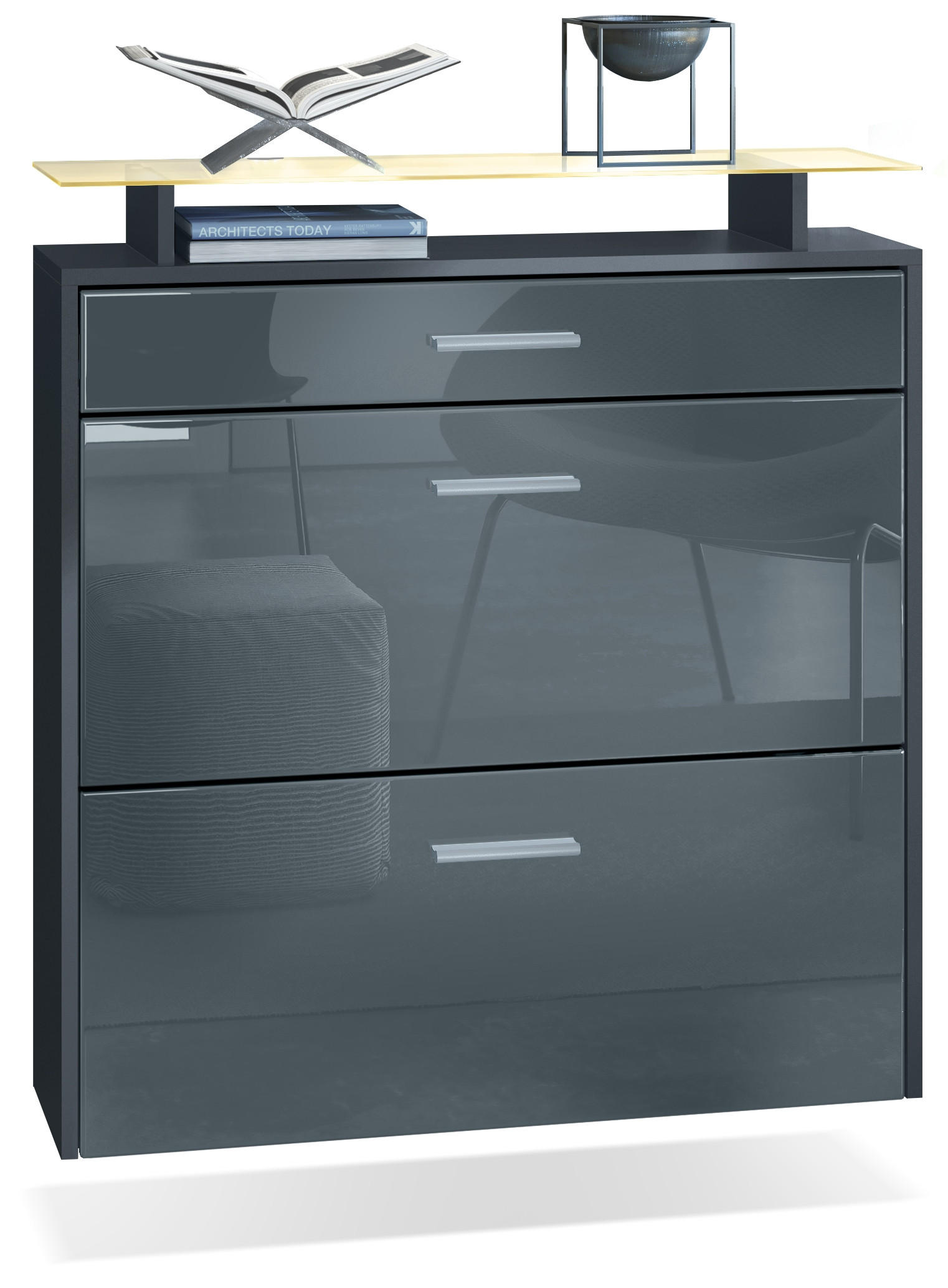 SCHUHSCHRANK Malea Fronten in Grau Hochglanz - Grau, Holzwerkstoff (89/96/23cm) - Vladon
