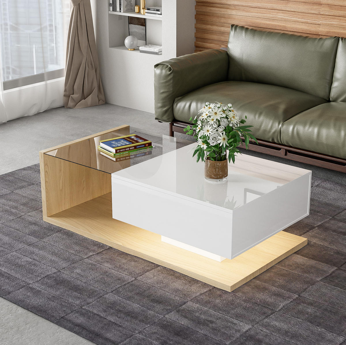 COUCHTISCH 105/55 cm mit Ablagefach, Glasplatte und LED-Beleuchtung - Weiß, Holzwerkstoff (105/55/32.5cm) - BEAOK