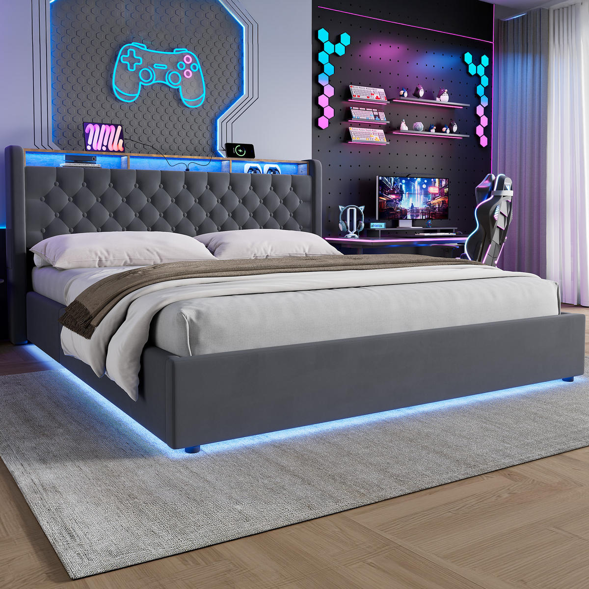 POLSTERBETT 180/200 cm in Grau, mit Bettkasten, LED und USB, ohne Matratze - Grau, Holzwerkstoff/Textil (180/200cm) - WISHDOR