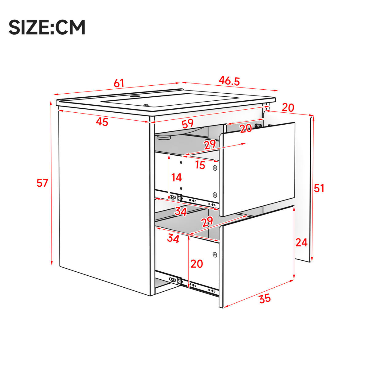 WANDWASCHTISCH aus MDF und Keramik 61x46,5x57 cm Weiß mit LED-Radarsensorleuchte und Soft-Close - Weiß, Keramik (61/57/46.5cm) - Modfu