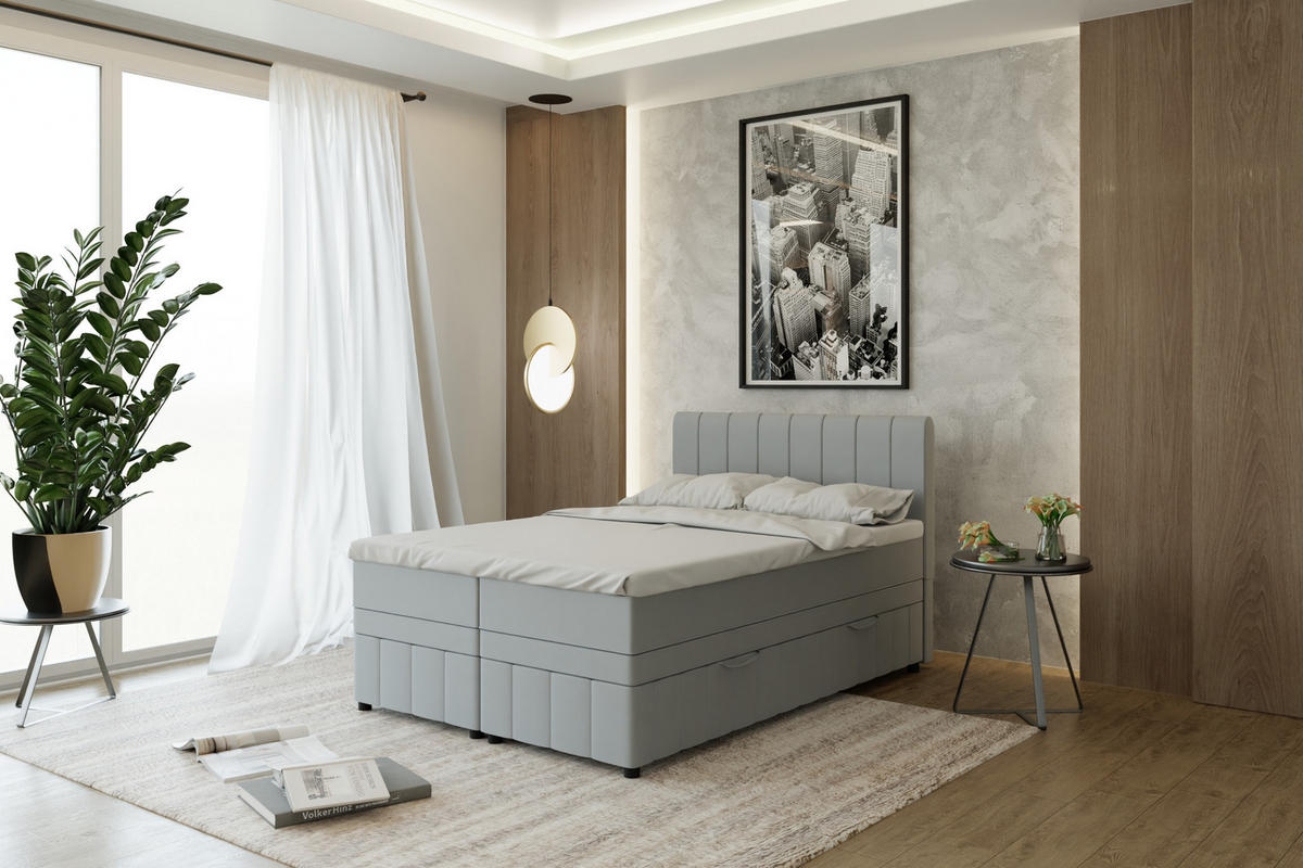 BOXBETT AVALON 140 x 200 cm mit Bettkasten und Topper - Hellgrau - Hellgrau, Holz - Panda Möbel