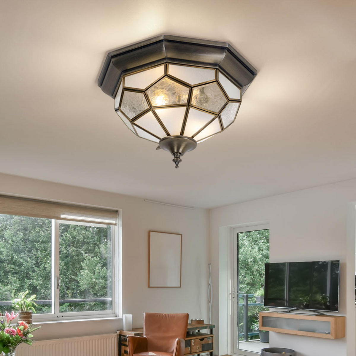 DECKENLEUCHTE Antik Messing - Messingfarben, Glas (29/29/18cm)