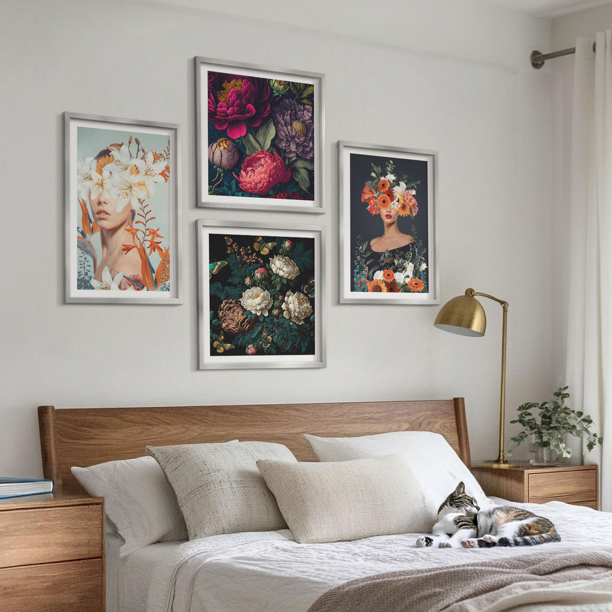WANDBILDER 4er Set - 50x50 cm & 40x60 cm Silberner Rahmen - Blumenporträts, Sträuße, Blätter - Silberfarben, Kunststoff (50/50cm) - ArtPrintCave