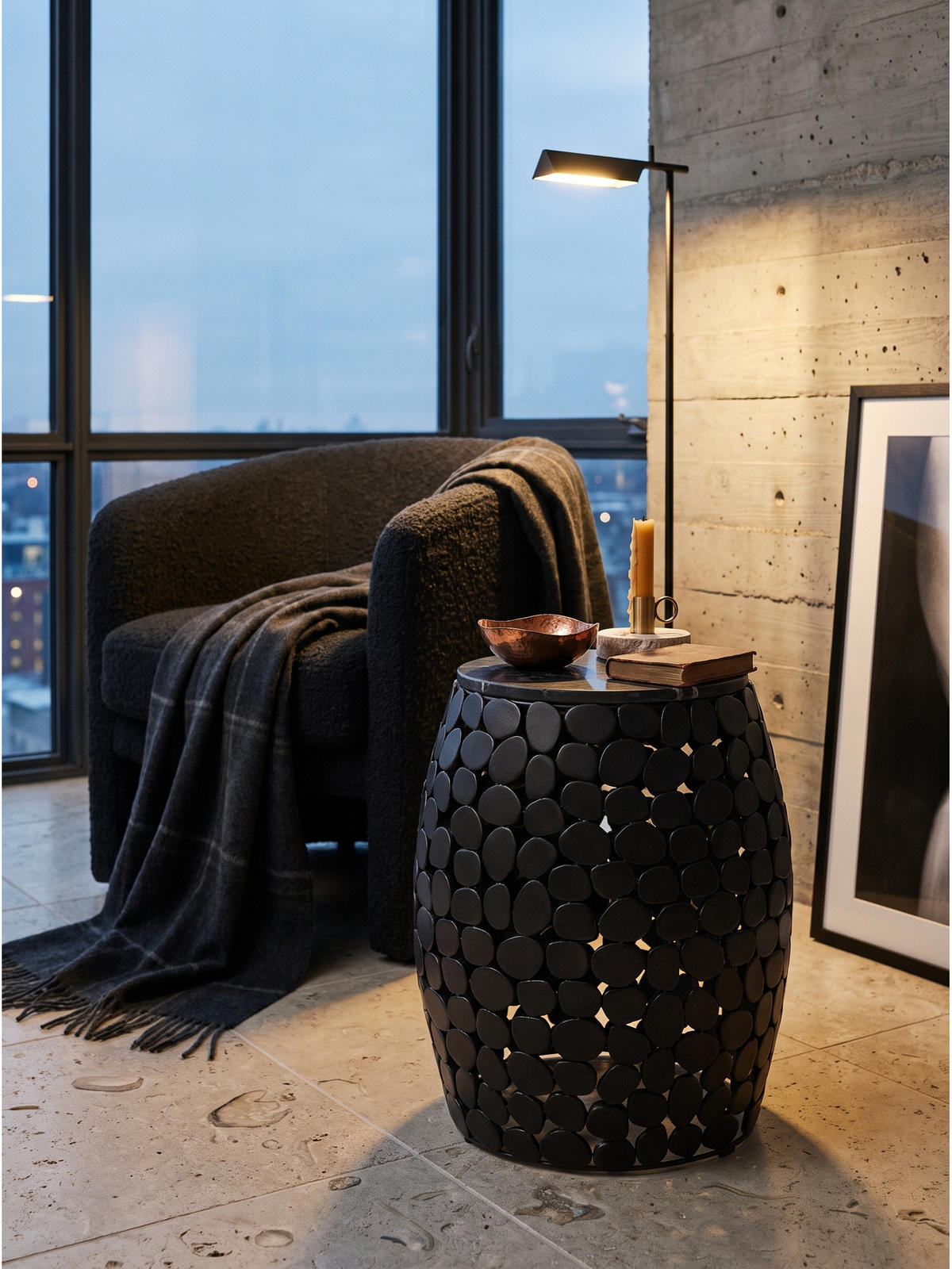 BEISTELLTISCH DIEMEL, Marmor, handgefertigt, Schwarz, Ø 40 x 46 cm - Schwarz, Stein/Metall (40/40/46cm) - KADIMA DESIGN