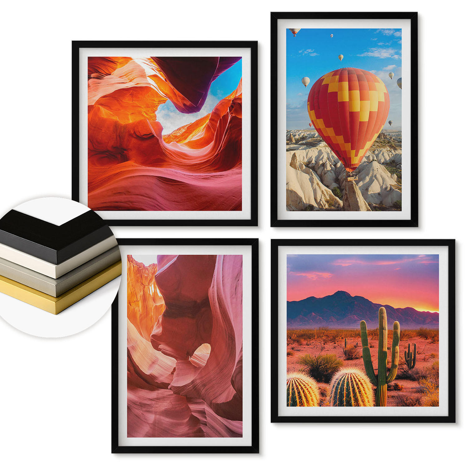 WANDBILDER 4er-Set - 50x50 cm & 40x60 cm Schwarzer Rahmen - Landschaften von Wüstenschluchten - Schwarz, Kunststoff (50/50cm) - ArtPrintCave