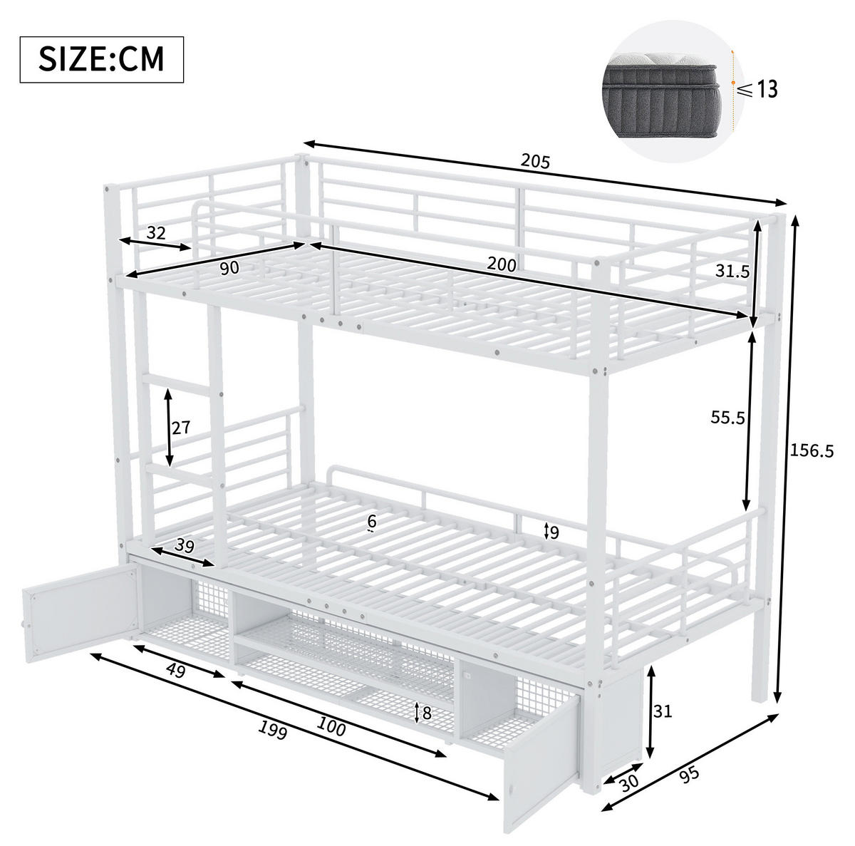 ETAGENBETT 90/200 cm aus Metall mit 3-stufiger Leiter, Fallschutz und Schuhablage, Weiß - Weiß, Metall (90/200cm) - Redom