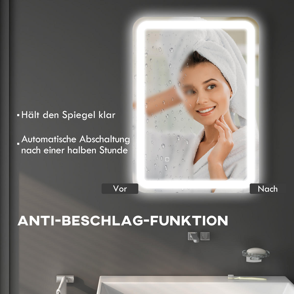 BADSPIEGEL, 50 x 70 cm LED Badezimmerspiegel mit 3 Lichtfarben, Wandspiegel - Silberfarben, Glas (70/4/50cm) - HOMCOM