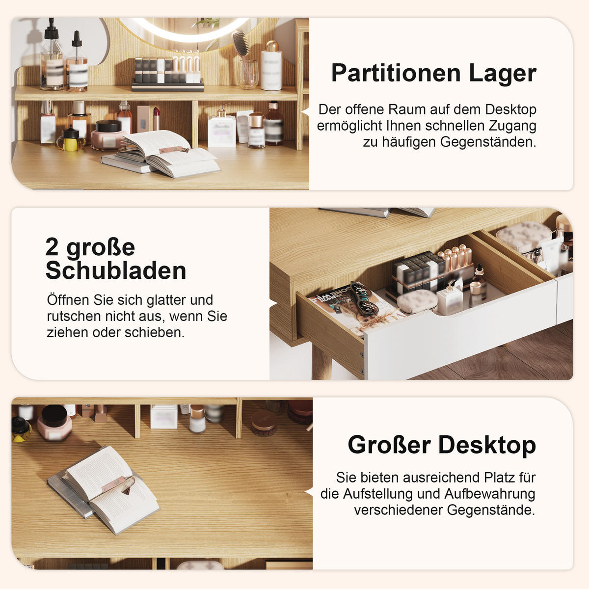 SCHMINKTISCH in Naturfarben Kosmetiktisch mit Polsterhocker, Spiegel und LED, für kleine Schlafzimmer, B80/H135/T40cm - Naturfarben, Holzwerkstoff (80/135/40cm) - STILVORA