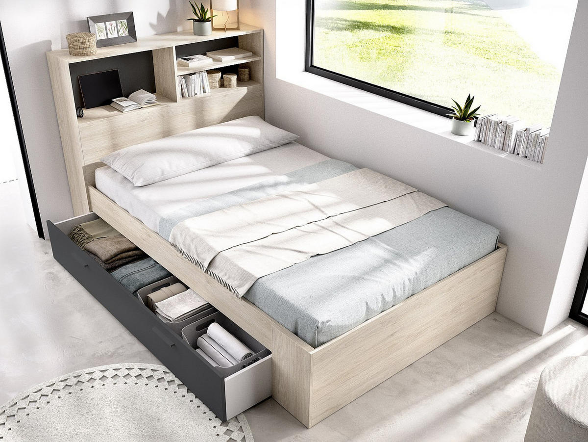 BETTRAHMEN - 1 Person - holz - anthrazitgrau, naturfarben hell Vardiel - Anthrazit/Naturfarben, Holz (120/190cm) - Vente-Unique