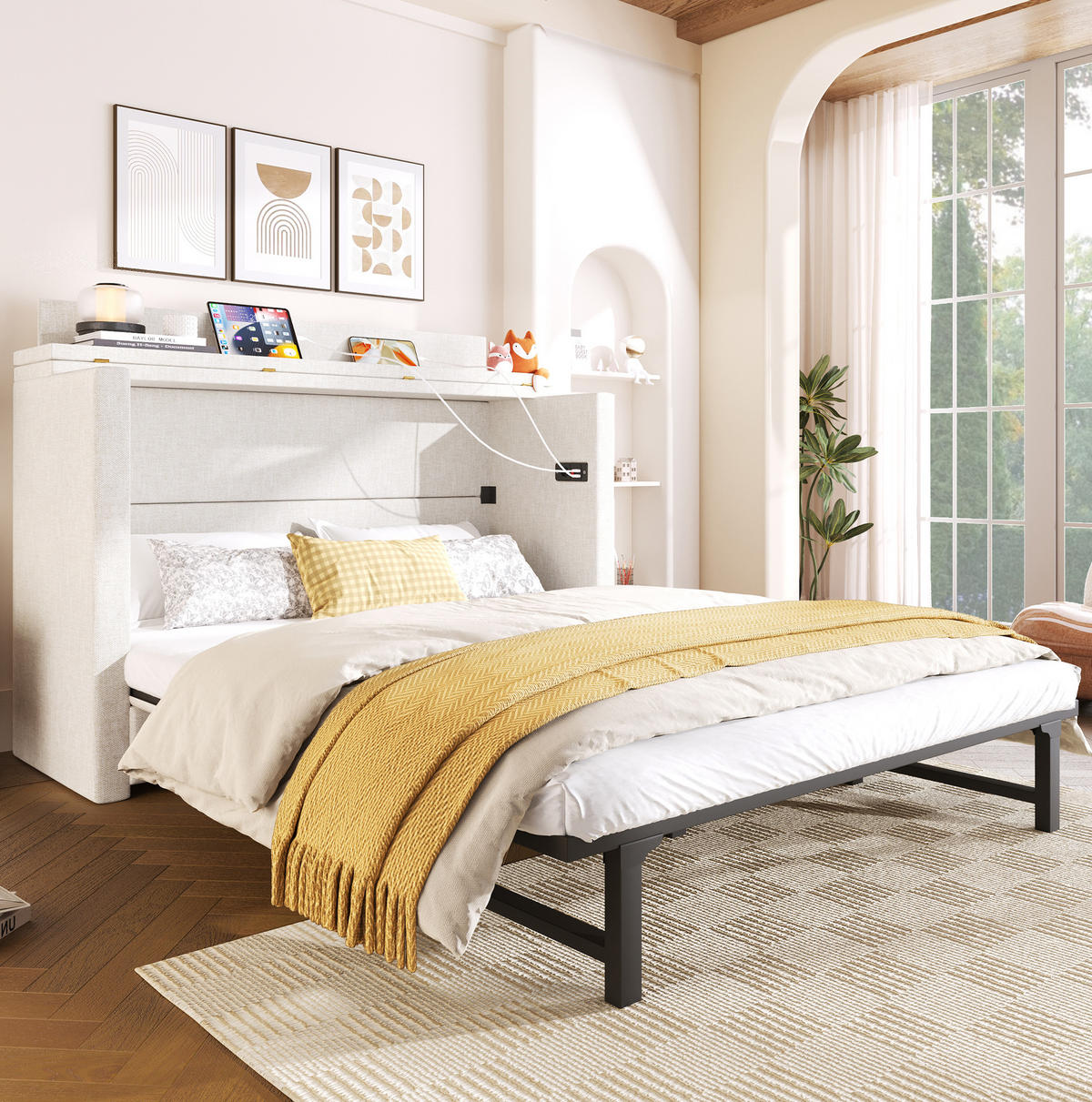 BETT 140/200 cm mit Kopfteil und Schublade – mobiles Schrankbett in Beige - Beige, Textil (140/200cm) - BEAOK