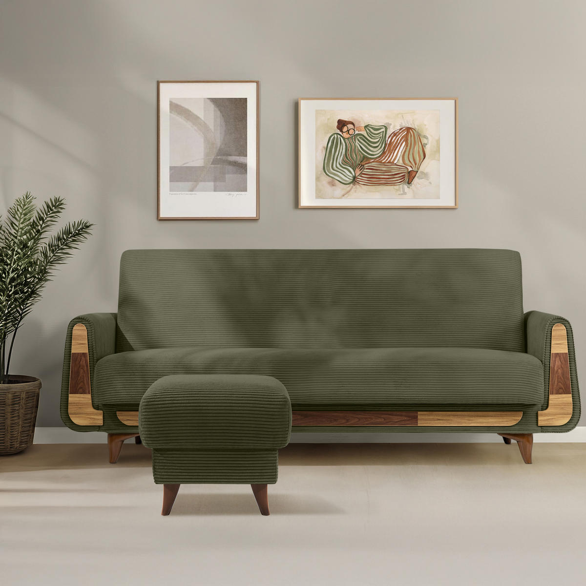FUẞSTÜTZE GUSTAVO II, Olivgrün - Braun/Olivgrün, Holz/Holzwerkstoff (53/49/53cm) - KONSIMO®
