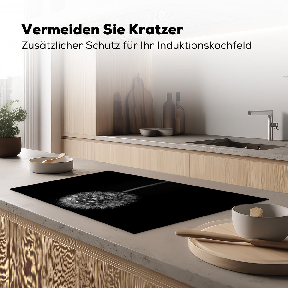 HERDABDECKPLATTE Löwenzahn - Schwarz - Floral - Botanisch 85x52 cm - Grau, Kunststoff (85/0.2/52cm) - MuchoWow