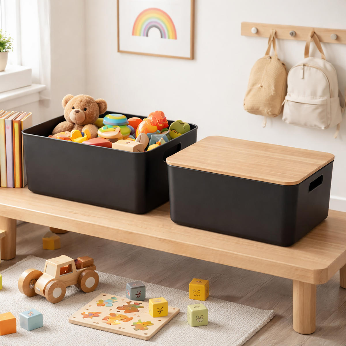 AUFBEWAHRUNGSBOX - Schwarz, Holz/Kunststoff (25/36/16cm) - Relaxdays