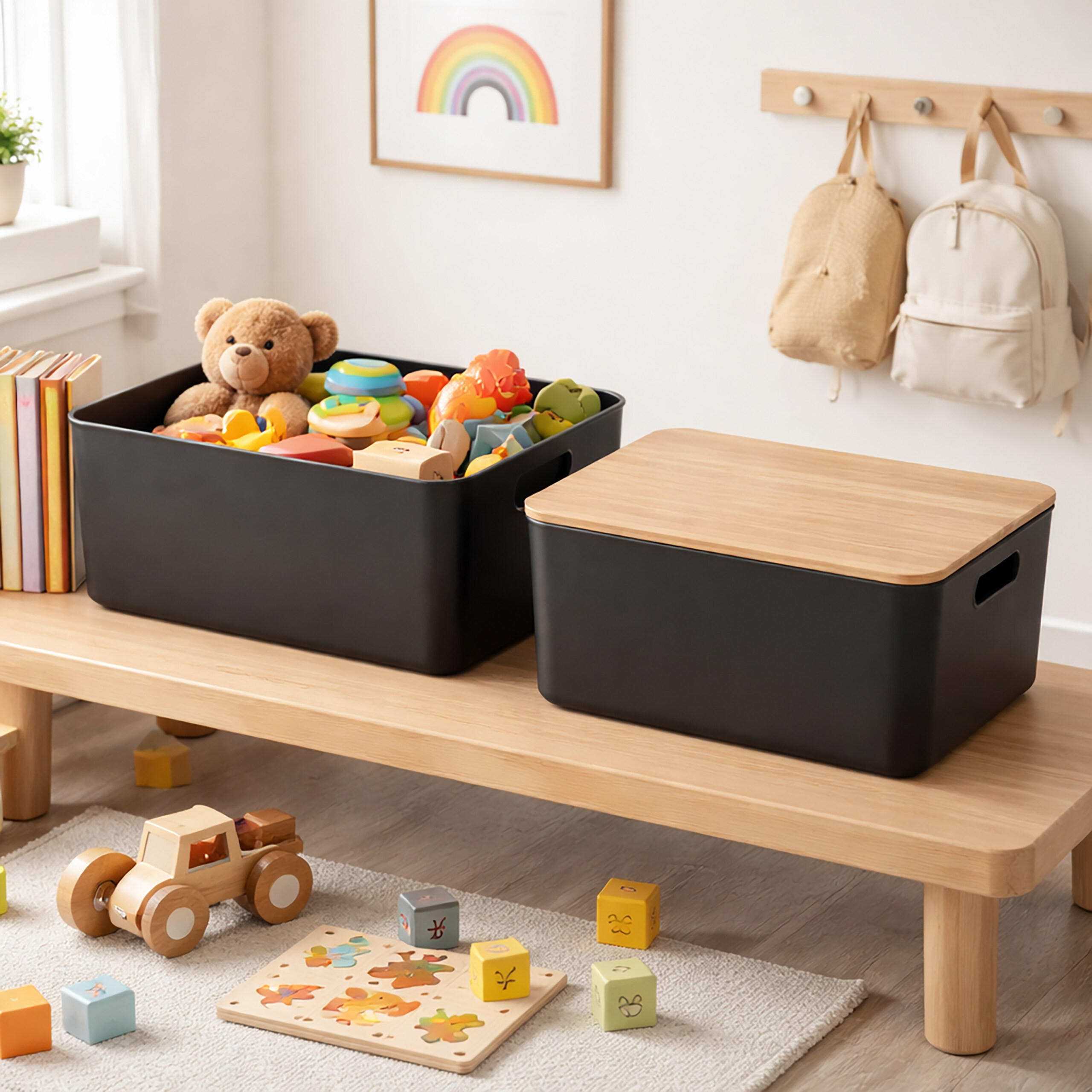 Thumbnail - Relaxdays Aufbewahrungsbox, Schwarz, Kunststoff, Holz, 36x16x25 cm, Badaccessoires