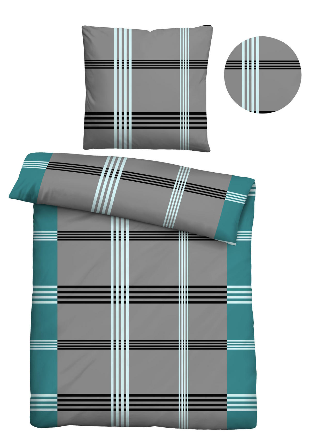 BETTWÄSCHE-GARNITUR Renforcé Karo-streifen türkis, 155x220 cm + 80x80 cm - Türkis, Textil (155/220cm) - Castell