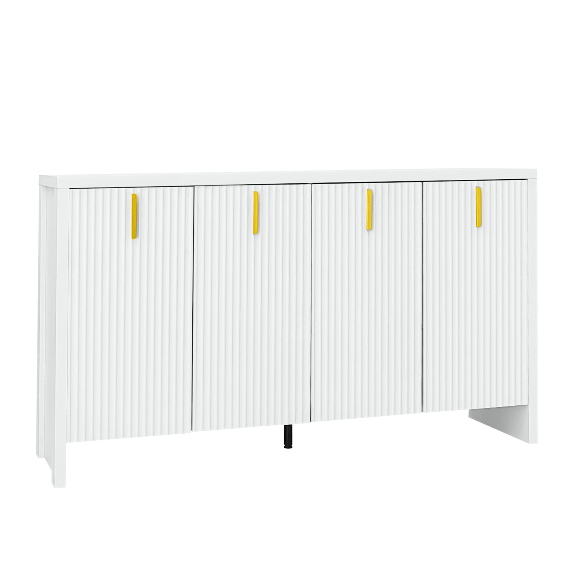 Modfu KOMODA z dřevotřísky 140x80x38 cm bílá se 4 dvířky, nastavitelnými policemi a zlatými úchytkami